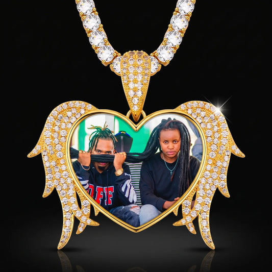 18K Gold Plated Custom Chain with Heart Angle Wings Pendant