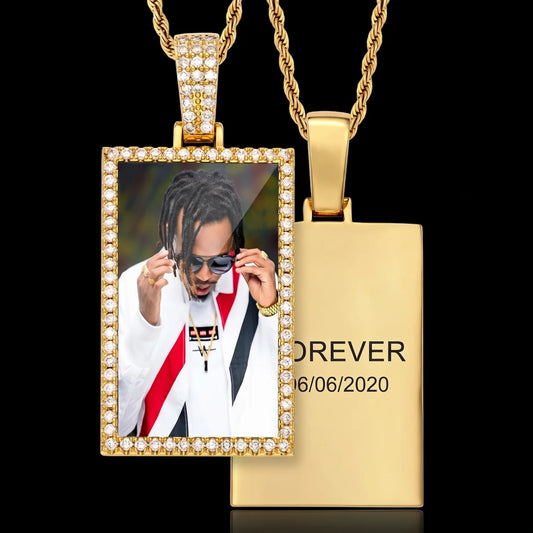 18K Gold Plated Square Custom Memorial chain pendant with picture