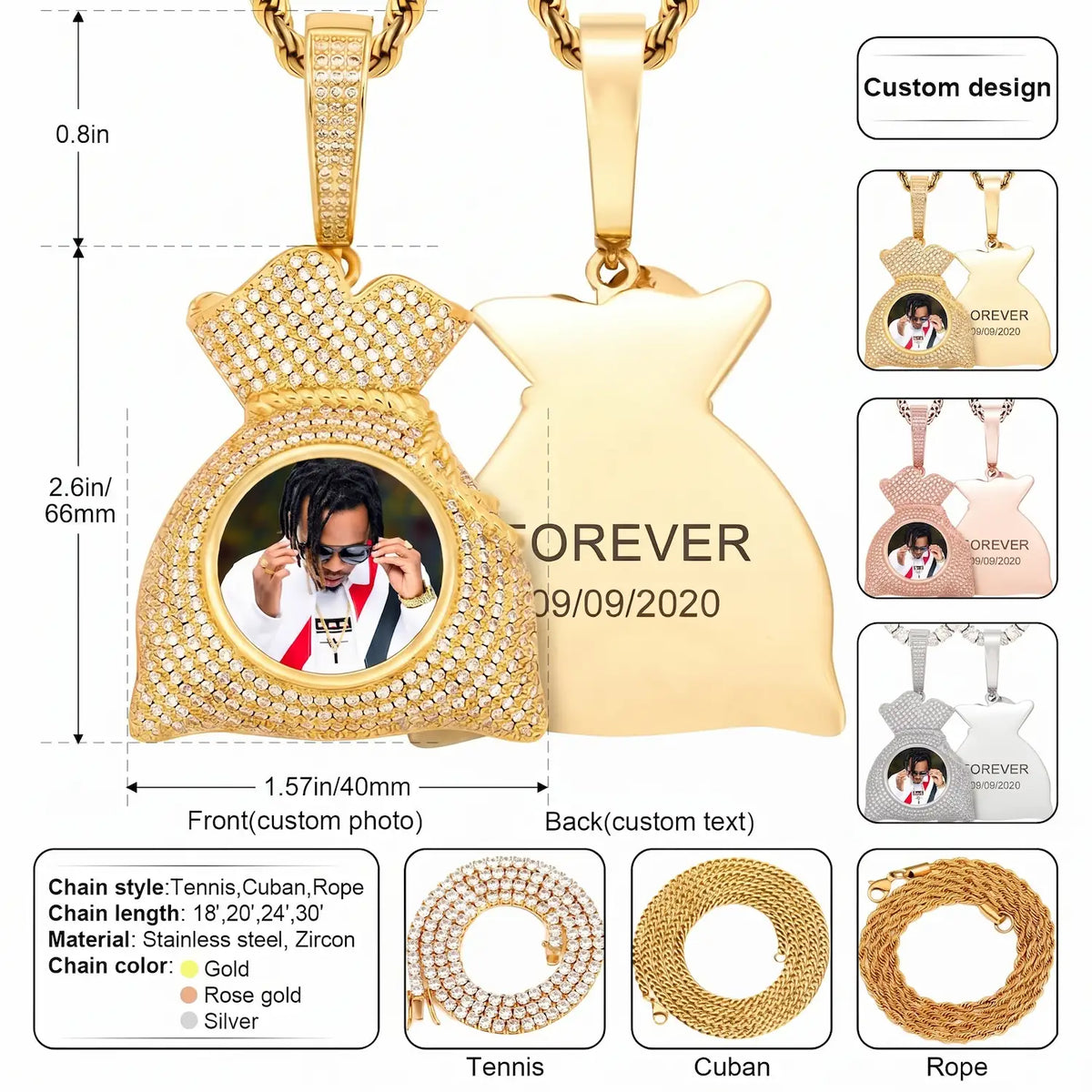 Custom Iced Out Chain With Picture Money Bag Pendant