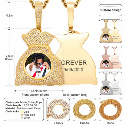 Custom Iced Out Chain With Picture Money Bag Pendant