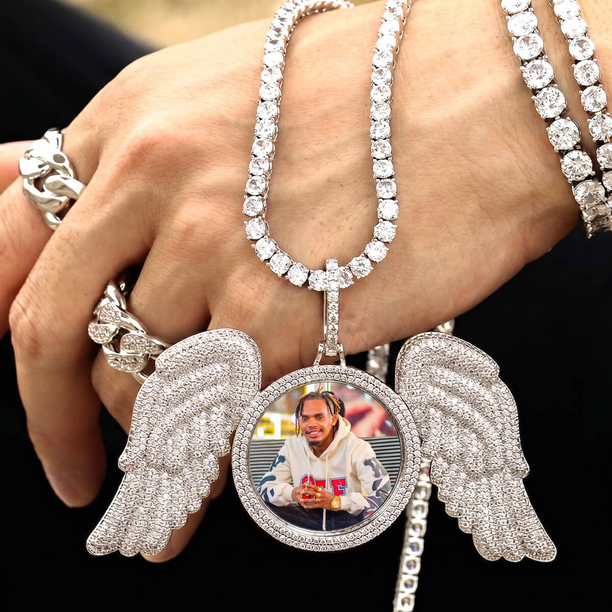 Close-up of big angel wings pendant necklace