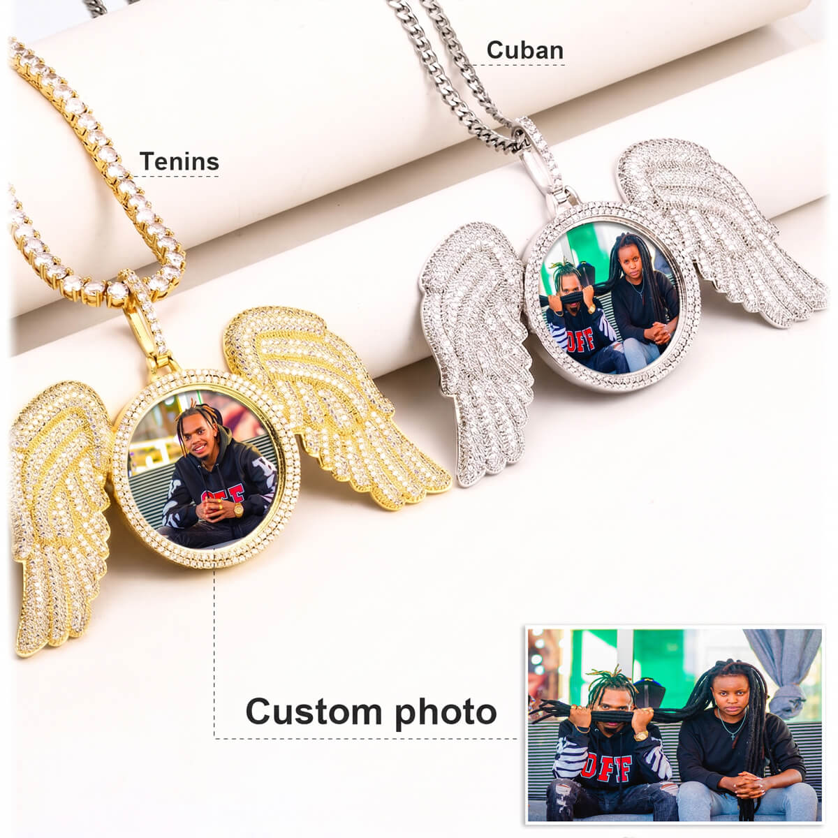 Side angle of gold and silver angel wings pendant necklace