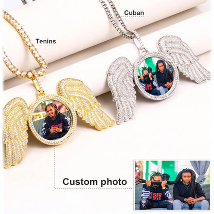Side angle of gold and silver angel wings pendant necklace