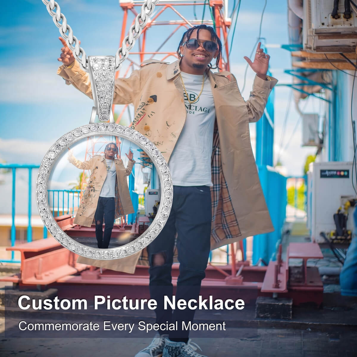 Showing a custom picture necklace with a scenic background