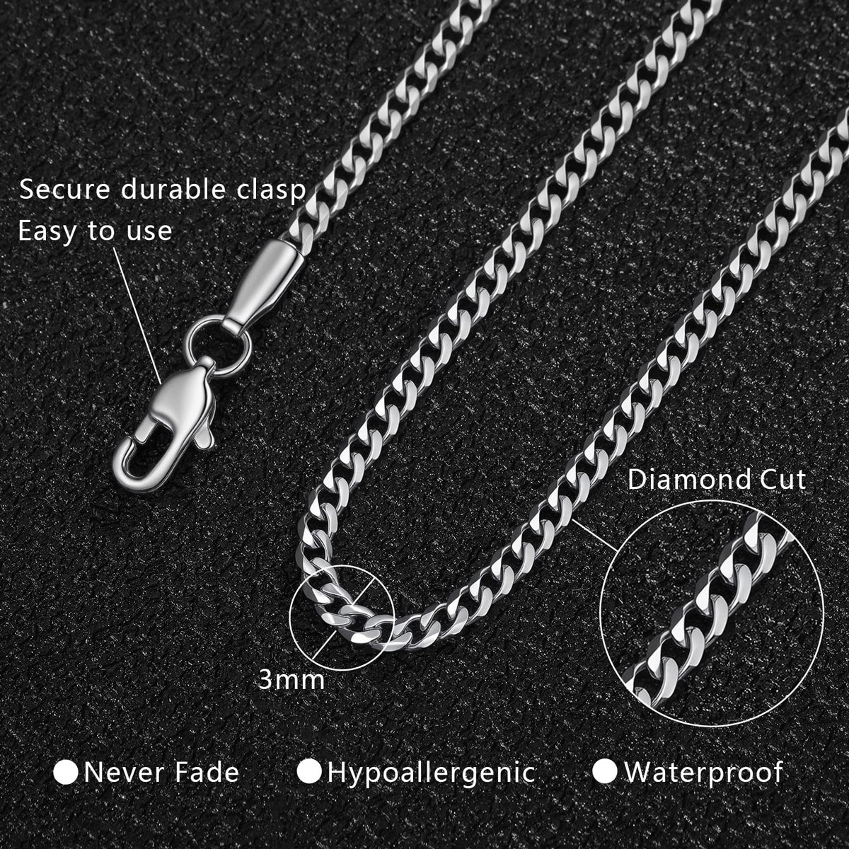 close-up of stainless steel Cuban chain necklace clasp lock