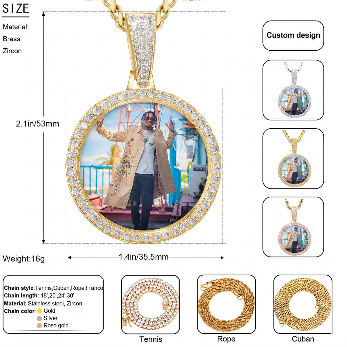custom circle chain with customizable photo design, showing Product in detail