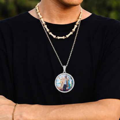model wearing custom circle picture pendant with personalized photo necklace