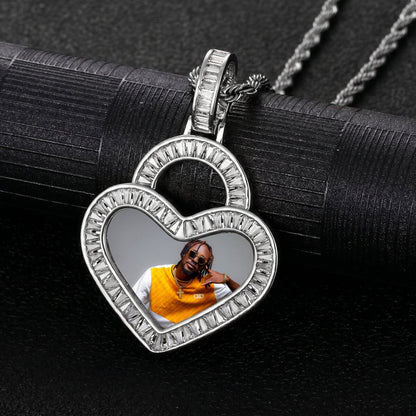 Close-up of iced out custom heart picture pendant