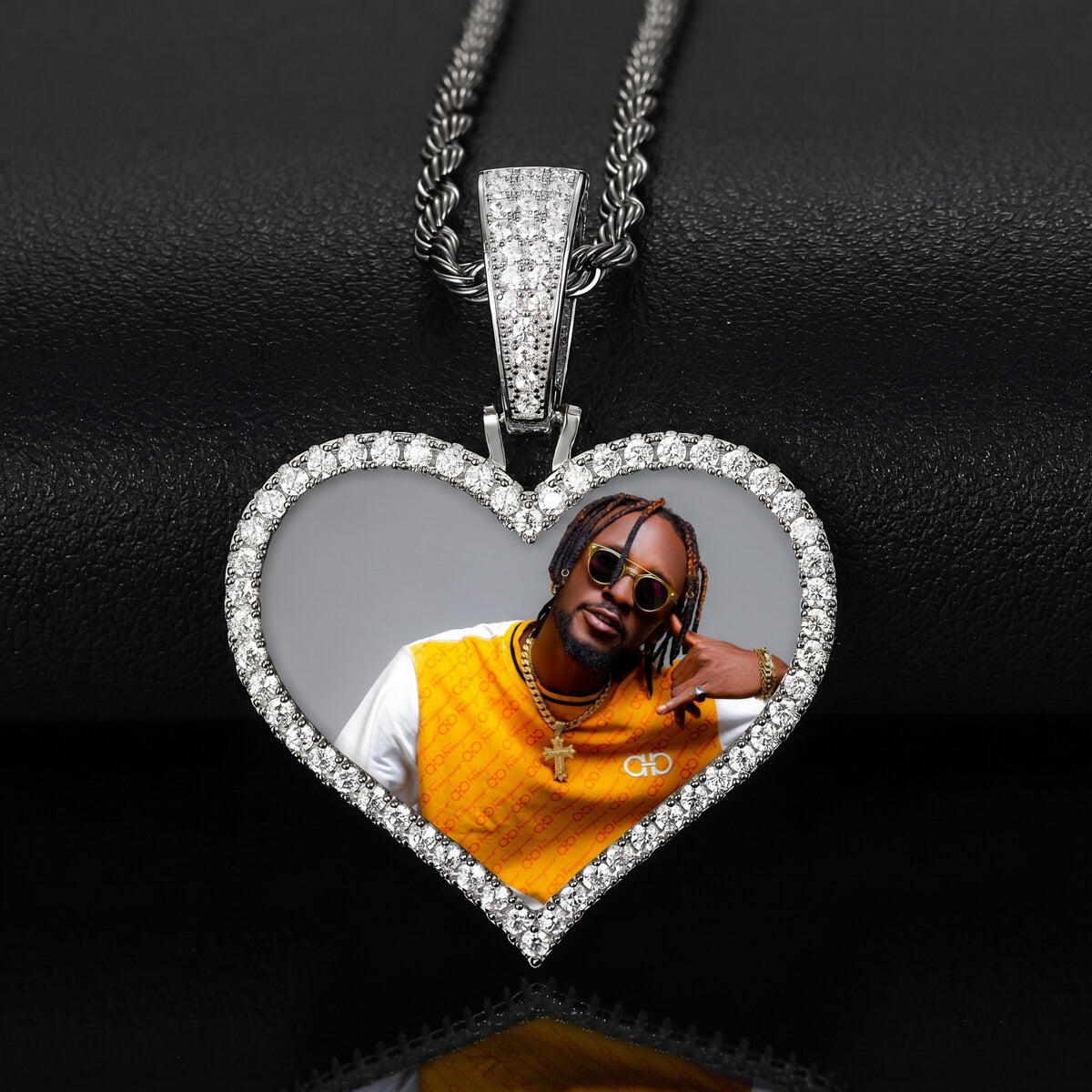 Heart-shaped pendant , Close-up of custom heart photo necklace pendant