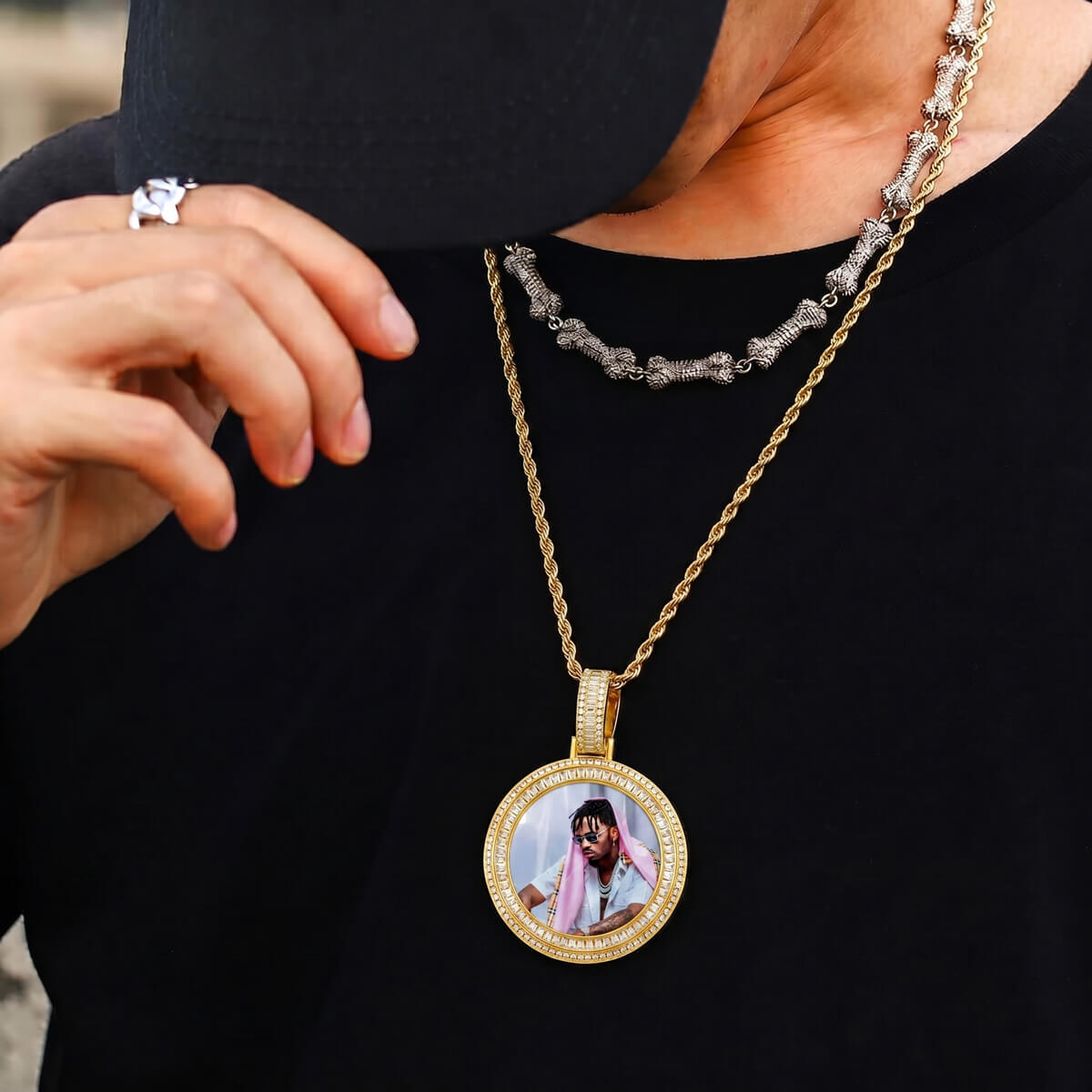 model wearing custom iced out memorial chain with personalized picture necklace