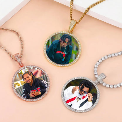 Three round pendants, Gold pendant with a photo of a person ,
custom memorial chain