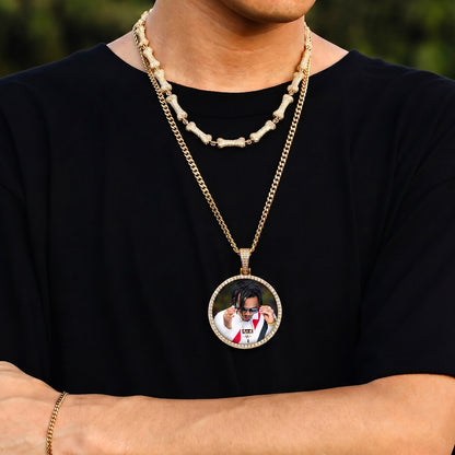 model wearing custom memorial chain with personalized picture necklace