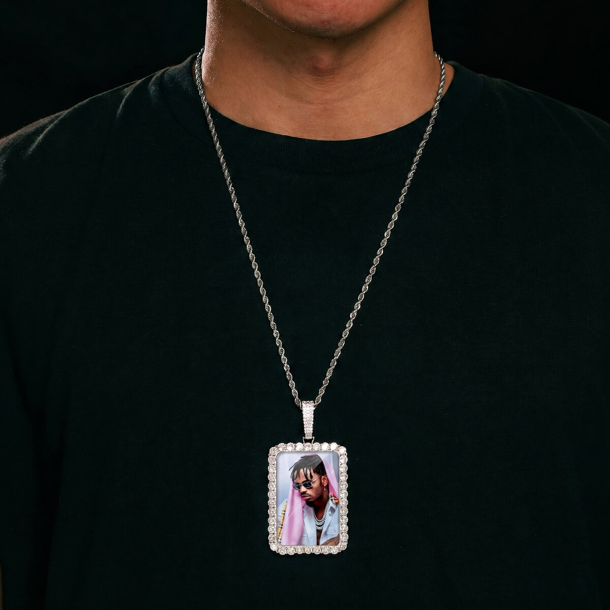 Person wearing custom rectangle memory necklace
