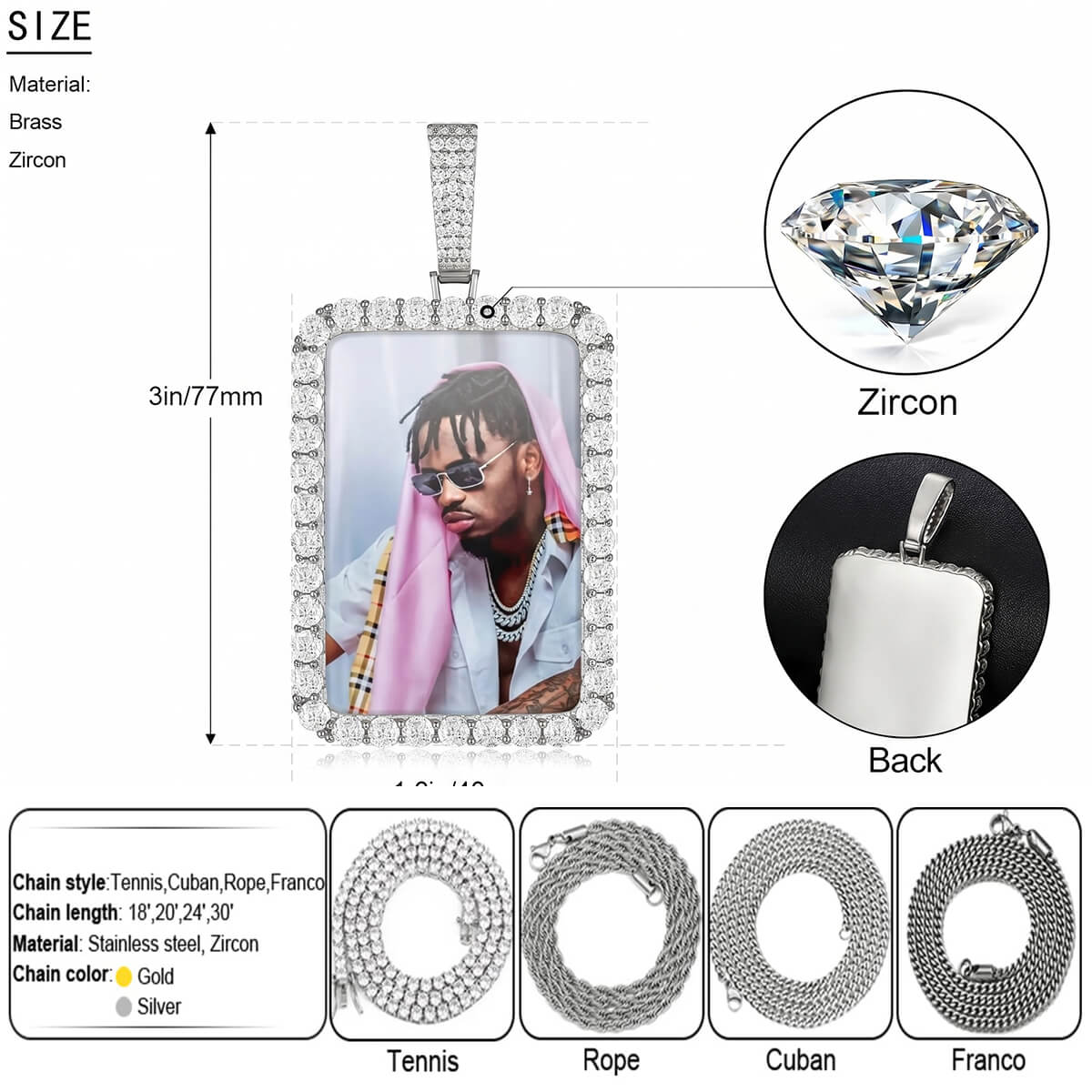 Detailed custom rectangle picture chain necklace