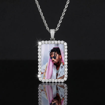 Custom rectangle picture engraved memory pendant front view