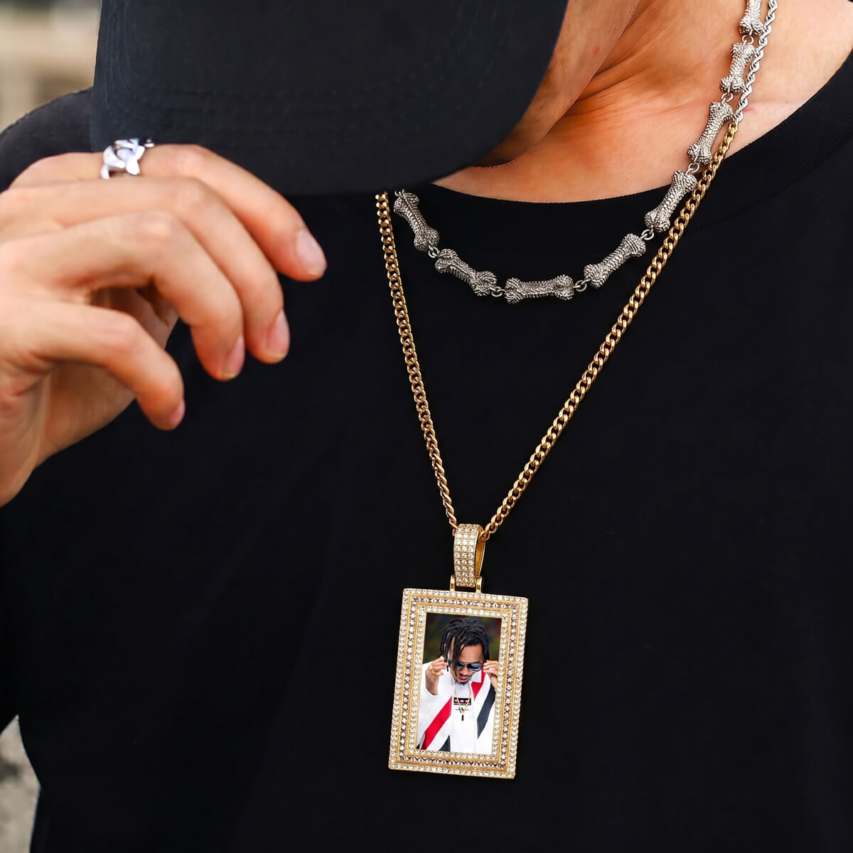 model wearing custom iced out square photo pendant with personalized picture necklace