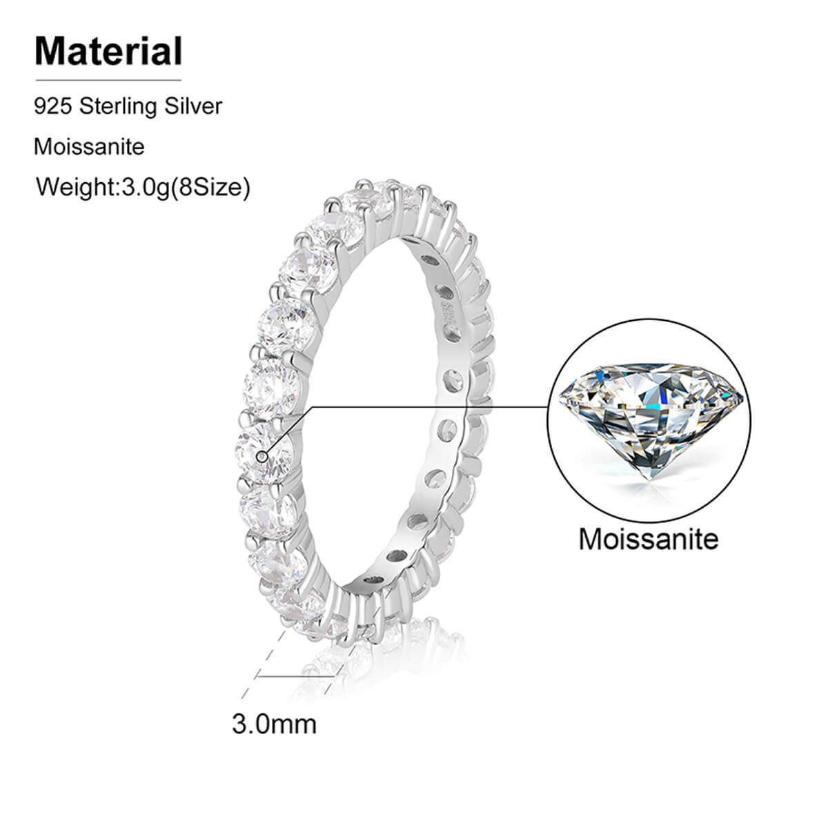 3mm Iced Out Eternity Band Ring specifications featuring 34 white Moissanite stones, 3mm width, and 2.10 carat total stone weight.