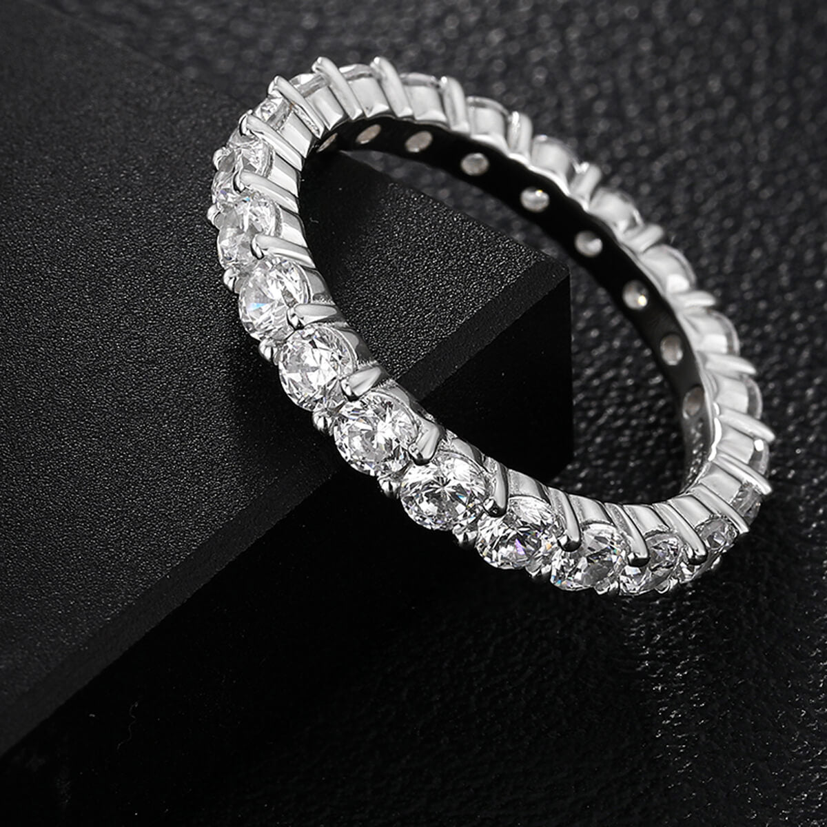 Side view of 3mm Iced Out Eternity Band Ring in silver showing detailed stone setting and premium craftsmanship.