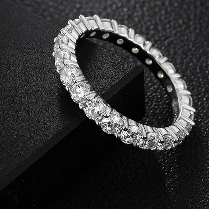 Side view of 3mm Iced Out Eternity Band Ring in silver showing detailed stone setting and premium craftsmanship.