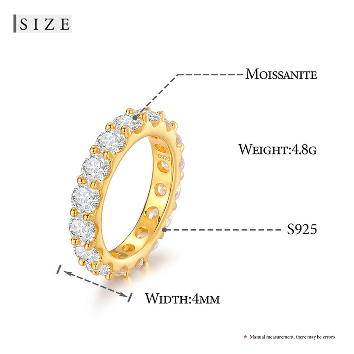 Gold ring with moissanite stones and size, weight, and material information on a white background