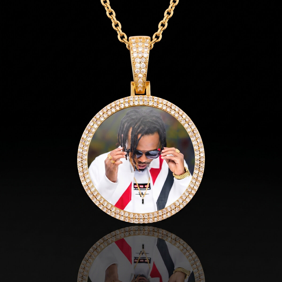 Gold pendant with a photo, 18K gold plated 2 row memorial chain front view