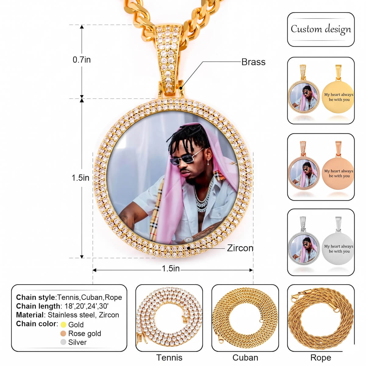 Detailed view of  2 row memorial chain necklace with customizable photo and chain, style options, including measurements and material details.