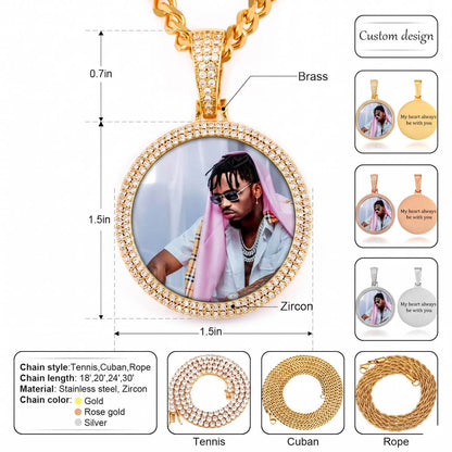 Detailed view of  2 row memorial chain necklace with customizable photo and chain, style options, including measurements and material details.