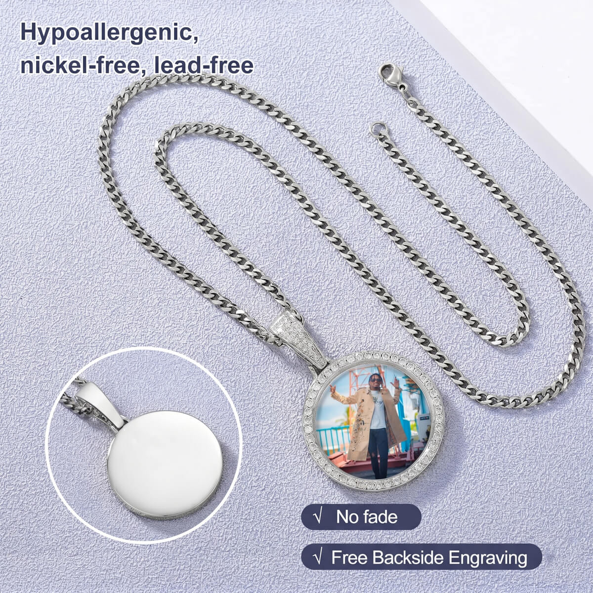 custom circle chain with a pendant featuring text about material properties.