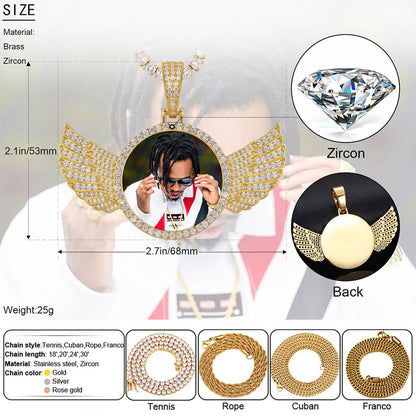 18k gold circle chain with wings pendant with zircon stones, chain style options, and measurements.
