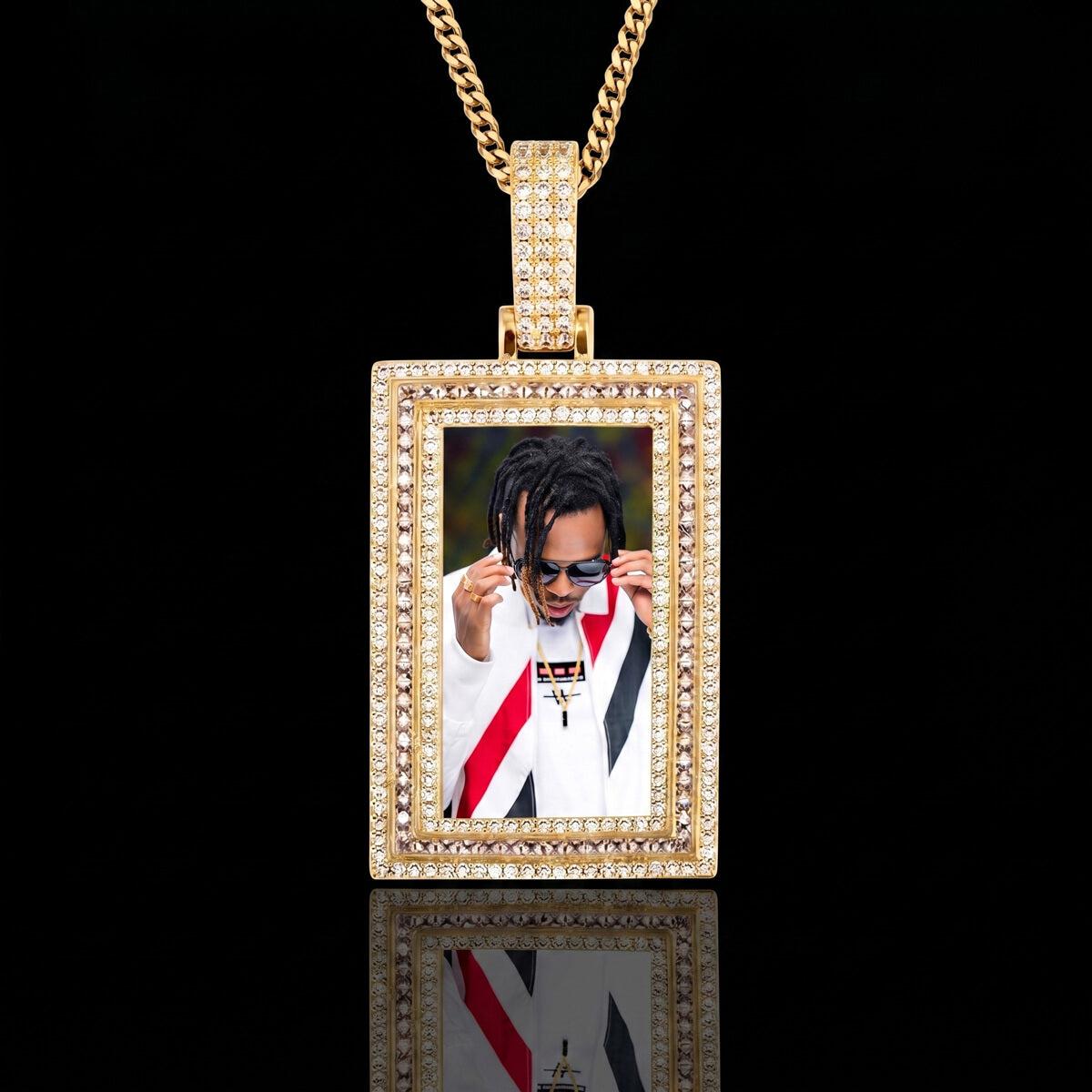 18K gold iced out square photo pendant front view