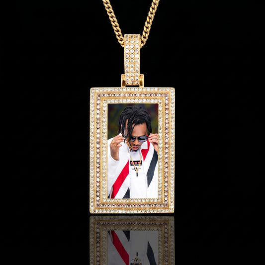 18K gold iced out square photo pendant front view