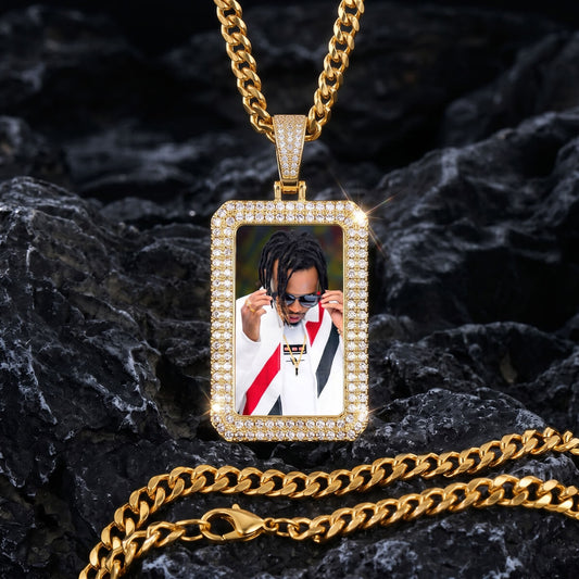 18K gold iced out square chain with picture front view