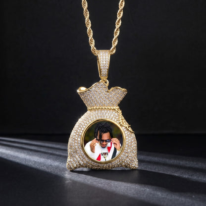 gold Iced out chain with picture money bag pendant front view