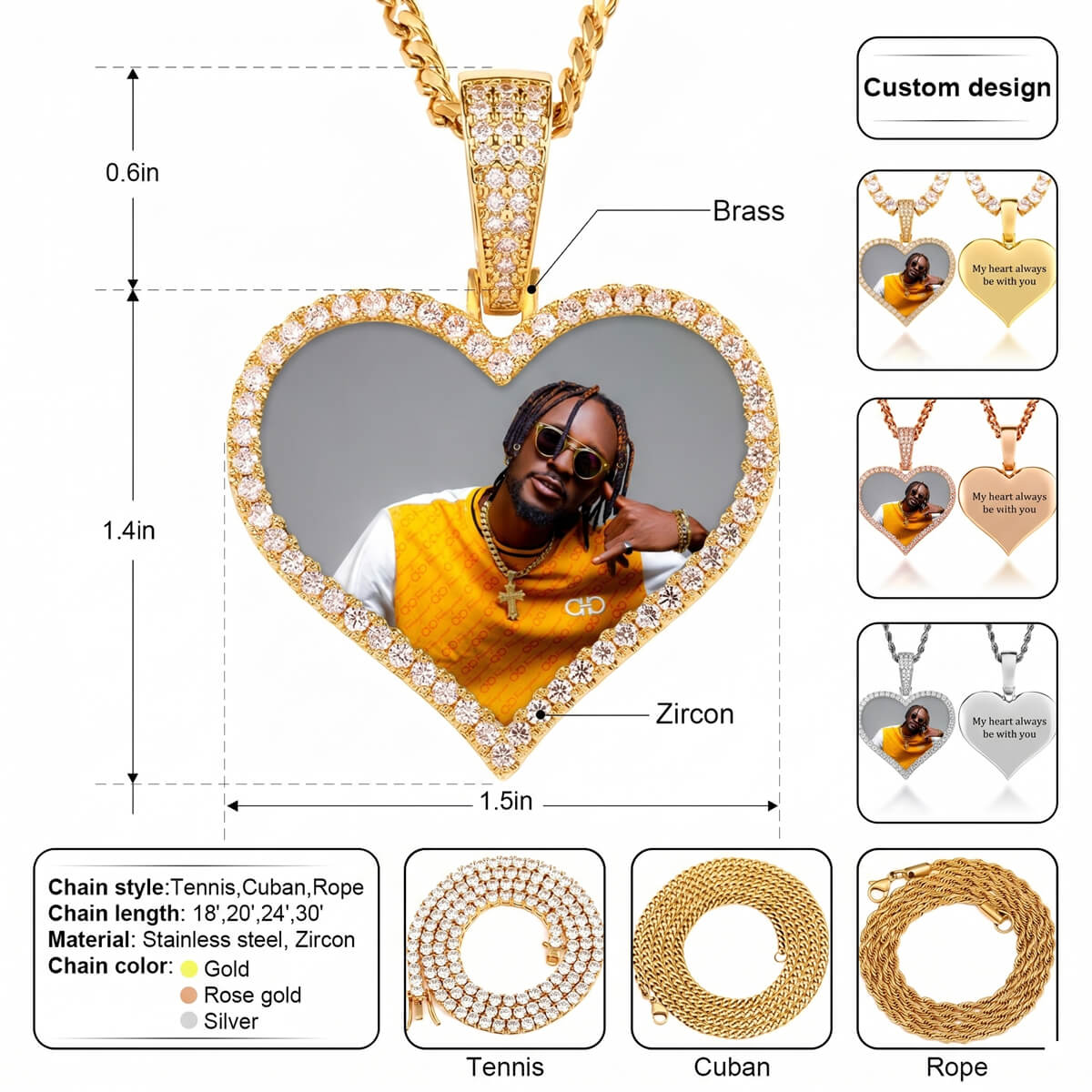 Heart-shaped pendant with customizable design, Detailed gold heart chain with picture pendant