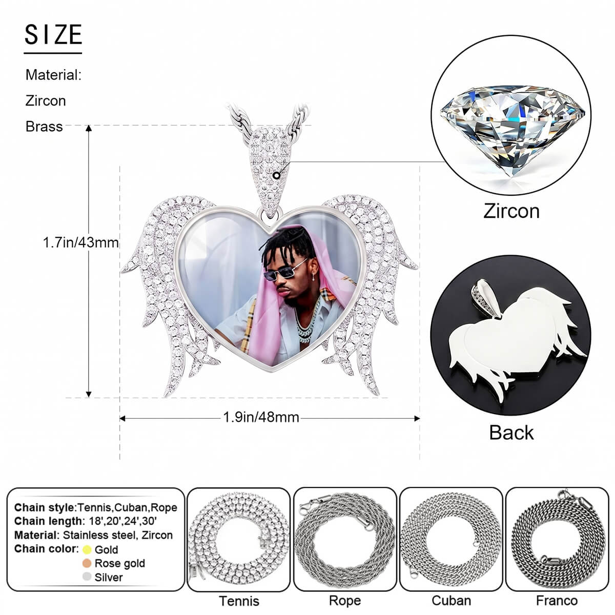 Detailed gold heart angel wings chain necklace