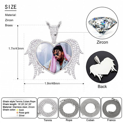 Detailed gold heart angel wings chain necklace