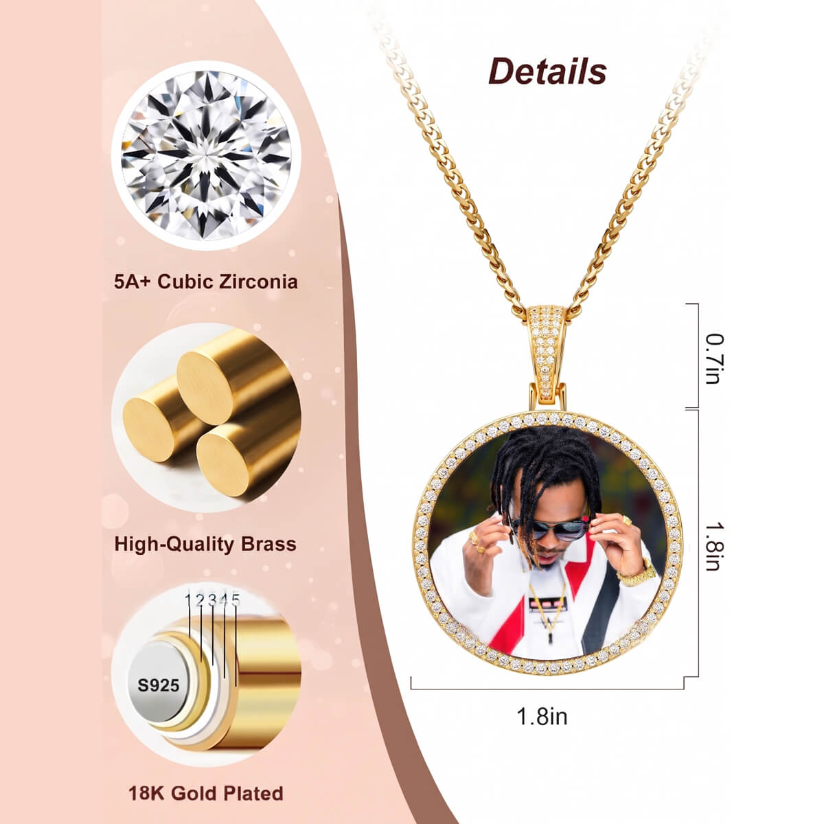 Gold necklace with round pendant featuring a person, detailed with zirconia, brass, and gold plating information.
