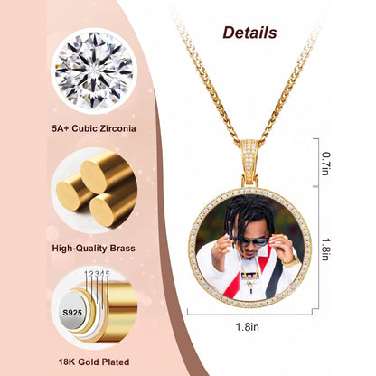 Gold necklace with round pendant featuring a person, detailed with zirconia, brass, and gold plating information.