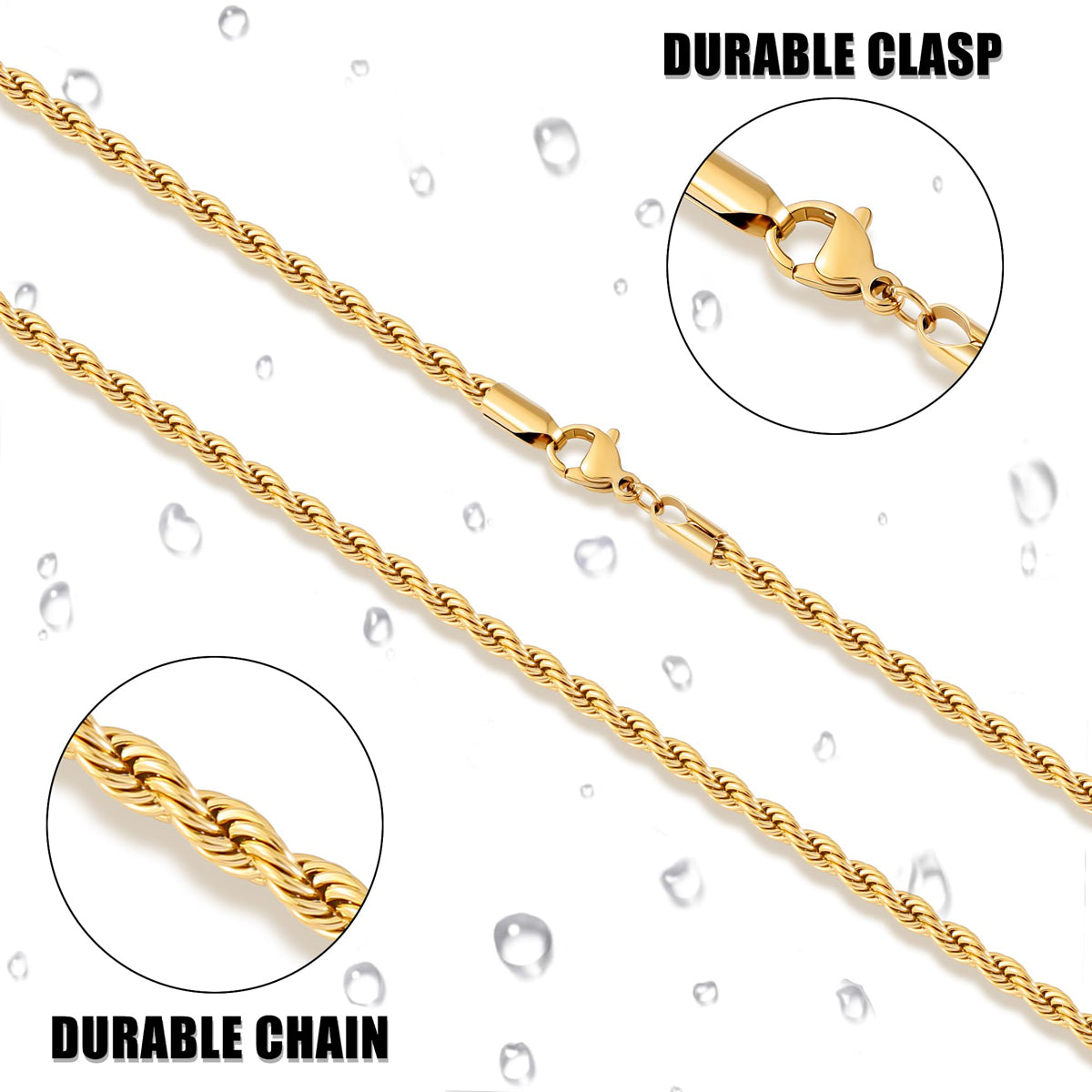 close-up of gold stainless steel rope chain necklace