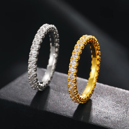 gold and silver 2.45mm iced out couple rings side by side