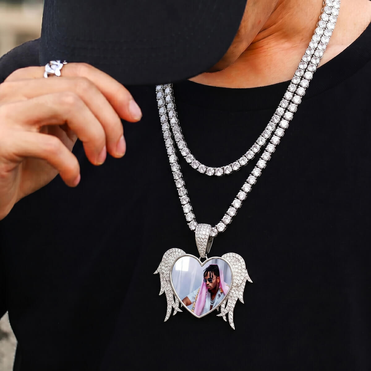 man wearing 6mm silver iced out Miami Cuban chain necklace with cubic zirconia stones