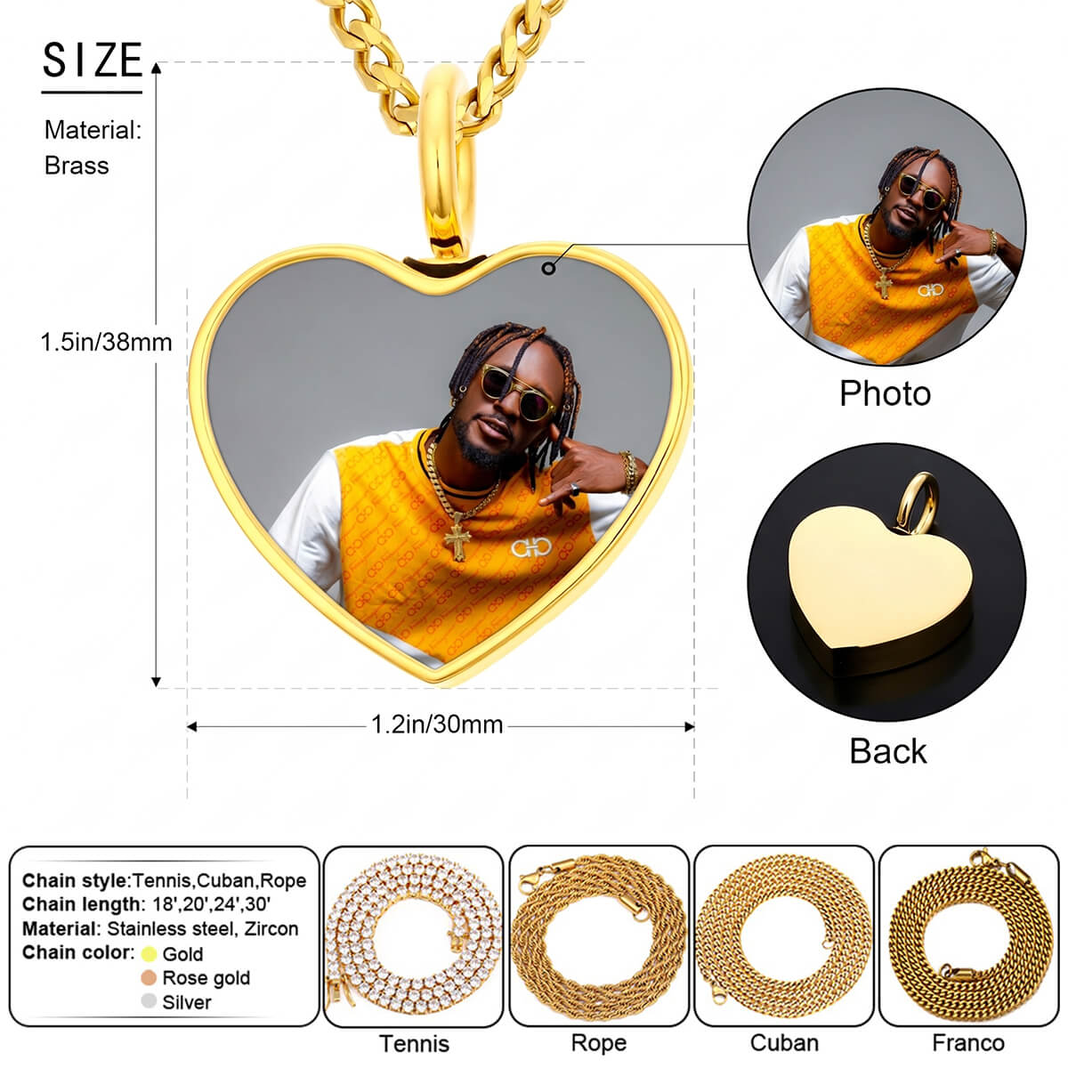 Detailed heart memorial chain necklace, custom picture pendant