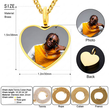 Detailed heart memorial chain necklace, custom picture pendant