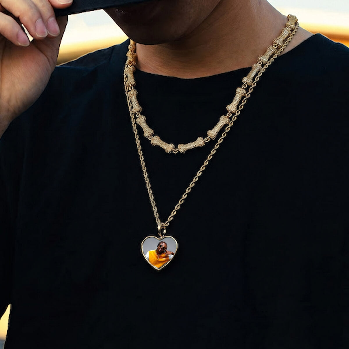 Person wearing heart memorial picture necklace, Custom Heart Necklaces
