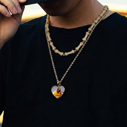 Person wearing heart memorial picture necklace, Custom Heart Necklaces
