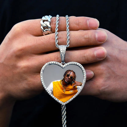 Close-up of custom heart photo pendant necklace