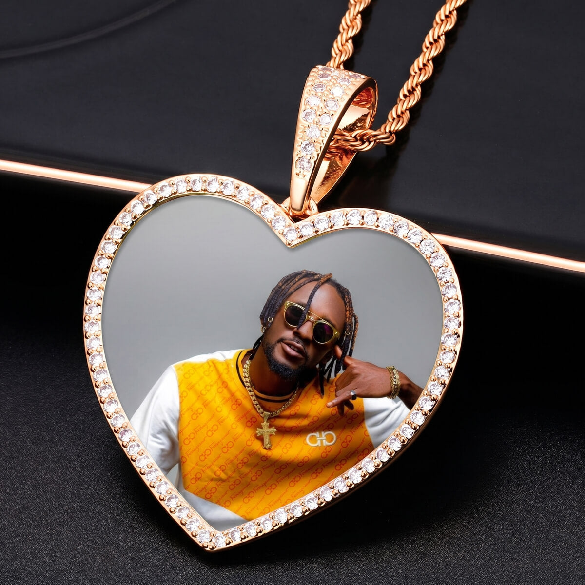 Close-up of custom heart photo pendant necklace