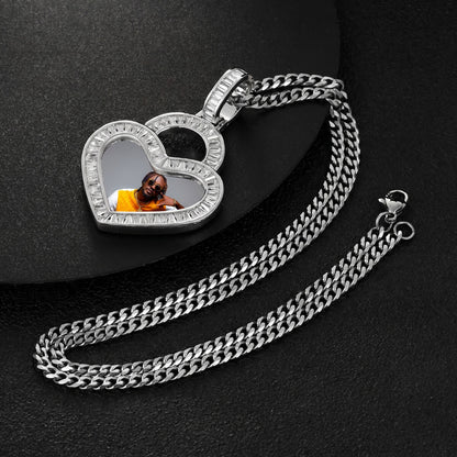 Side angle of iced out heart picture pendant