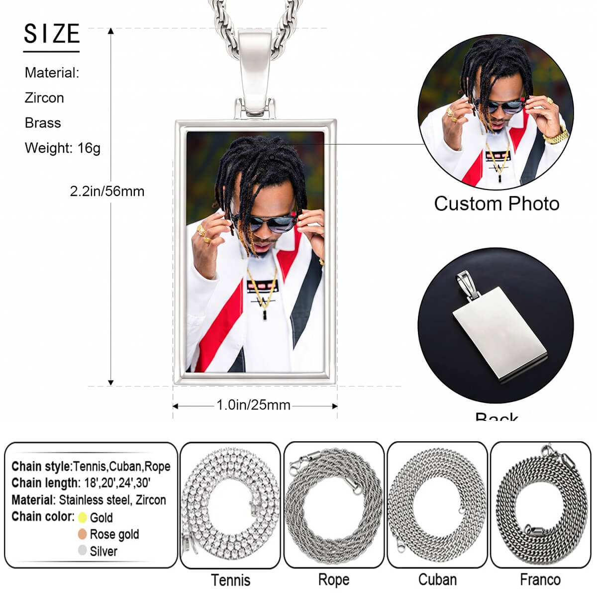Custom photo necklace with chain options and product details.