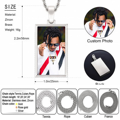 Custom photo necklace with chain options and product details.
